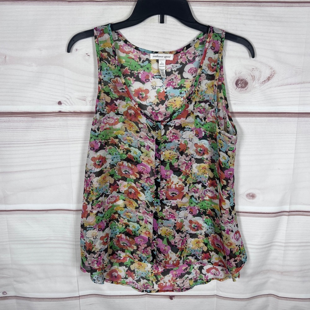 Ambiance Apparel Tank Top Women Large Multicolor Floral Sheer Button Front Boho